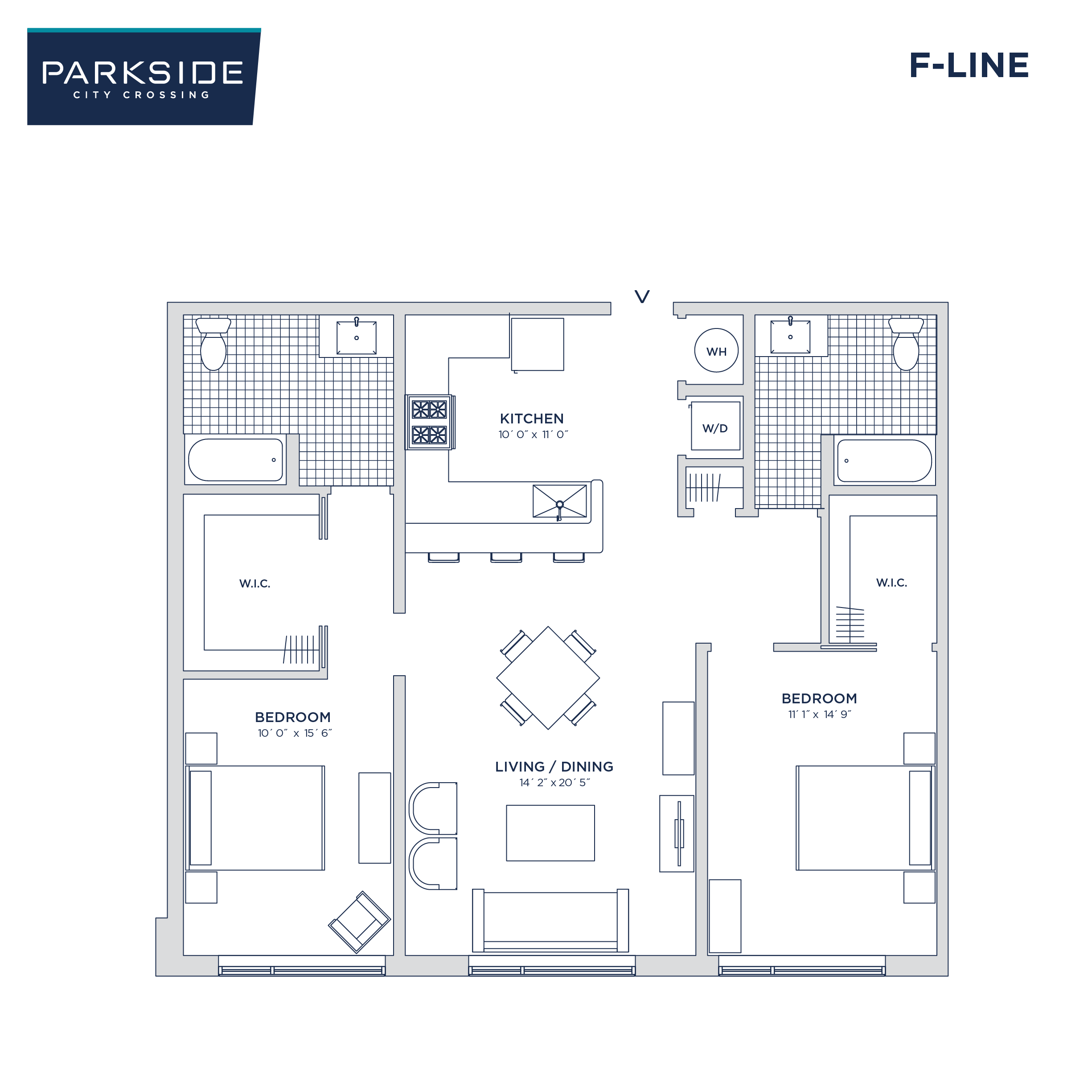Floor plan for 2 beds, 2 baths, 1110 sqft